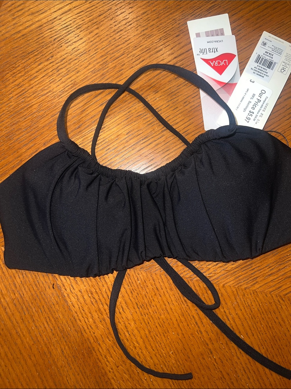 XS CALIA by Carrie Underwood Black Ruched Bikini Top with Crossback Straps. B42